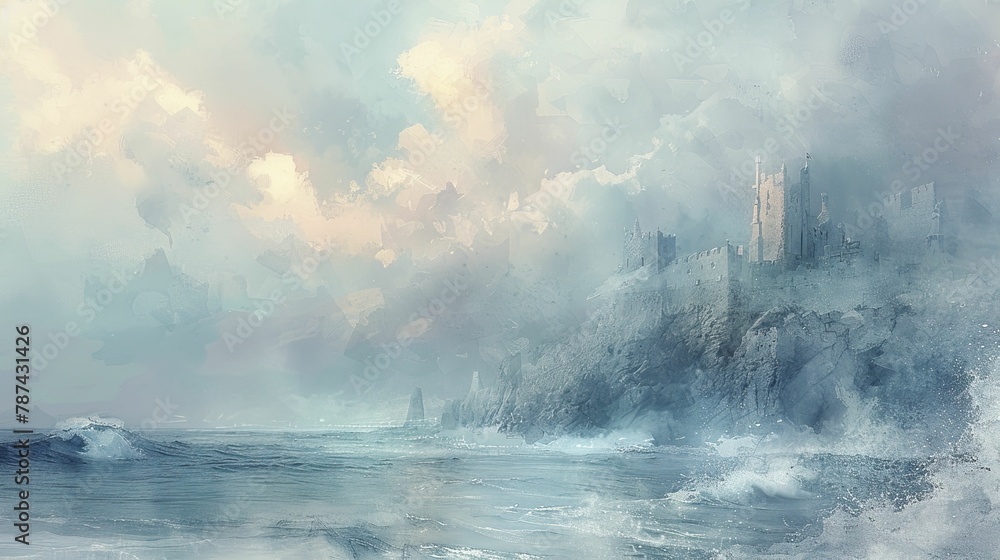 A majestic fortress stands against the raging sea under turbulent skies, illuminated by moody watercolor hues and crashing waves.