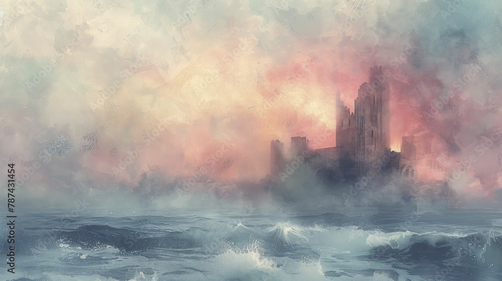 Castle by the sea with waves crashing against rocky shore, dramatic storm clouds overhead, moody lighting, watercolor style.