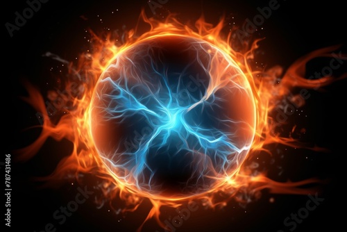Electric ball, lightning circle strike impact place, plasma sphere in orange blue color isolated on dark background. Powerful electrical discharge, magical energy flash. 
