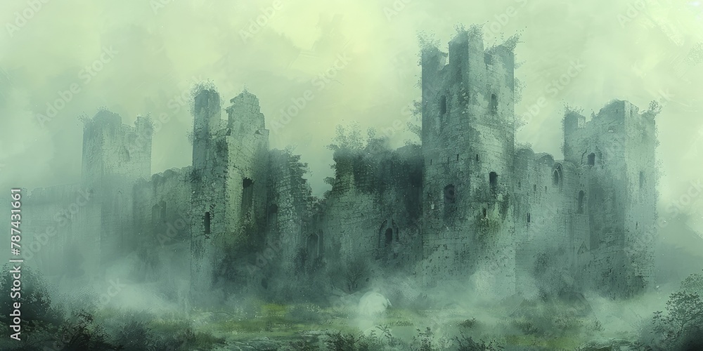 Castle in a post-apocalyptic setting, ruins and decay, overgrown vegetation, foggy and desolate atmosphere, watercolor style. - obrazy, fototapety, plakaty 