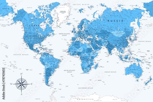 World Map - Highly Detailed Blue Colored Vector Map of the World. Ideally for the Print Posters.