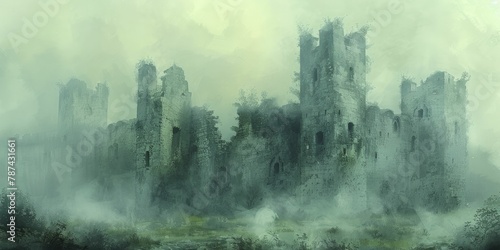 Castle in a post-apocalyptic setting, ruins and decay, overgrown vegetation, foggy and desolate atmosphere, watercolor style.