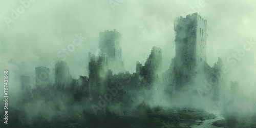 Amidst ruins and overgrown greenery  a desolate castle shrouded in fog emerges in a watercolor painting of a post-apocalyptic world.