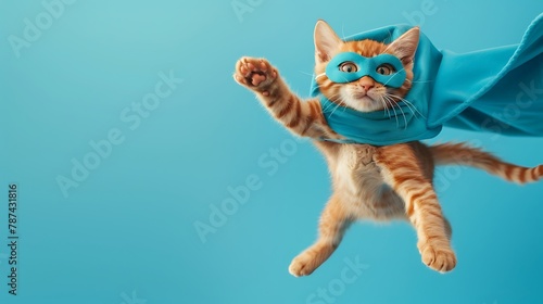 superhero cat, Cute orange tabby kitty with a blue cloak and mask jumping and flying on light blue background with copy space. The concept of a superhero, super cat, leader, funny animal studio shot © Rao