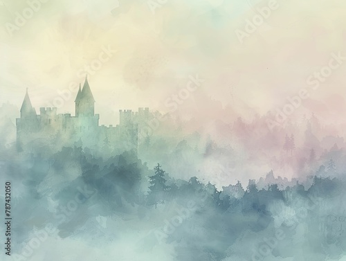 Overhead view of an ancient castle on a misty morning, surrounding forest shrouded in fog, soft natural lighting, watercolor style.