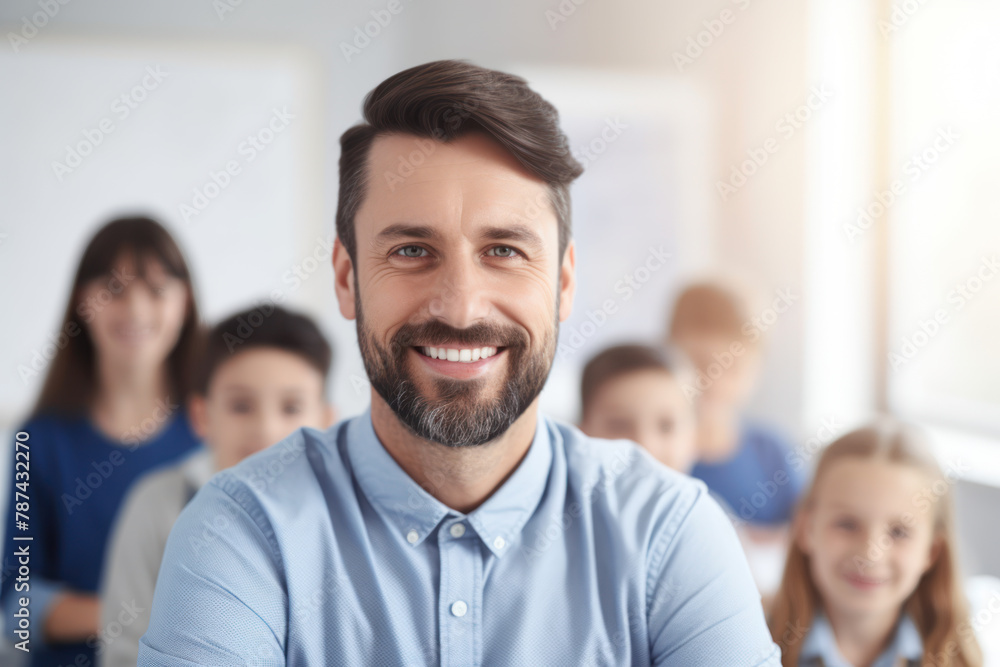 generated illustration portrait of a male teacher in classroom with students generated illustration portrait of a male teacher in classroom with students