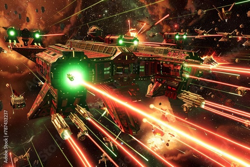A heavily fortified space station becomes the focal point of the battle, its shields shimmering under relentless attacks while defenders launch daring counter-offensives.