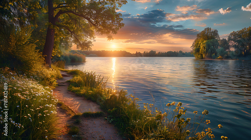 Path beside lake at golden hour in summer, serene ambiance, vibrant hues, nature's beauty illuminated, tranquil journey, perfect for outdoor enthusiasts, wanderlust, and relaxation themes