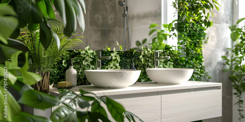 Modern minimalist bathroom interior green bathroom cabinet white sink wooden vanity interior plants