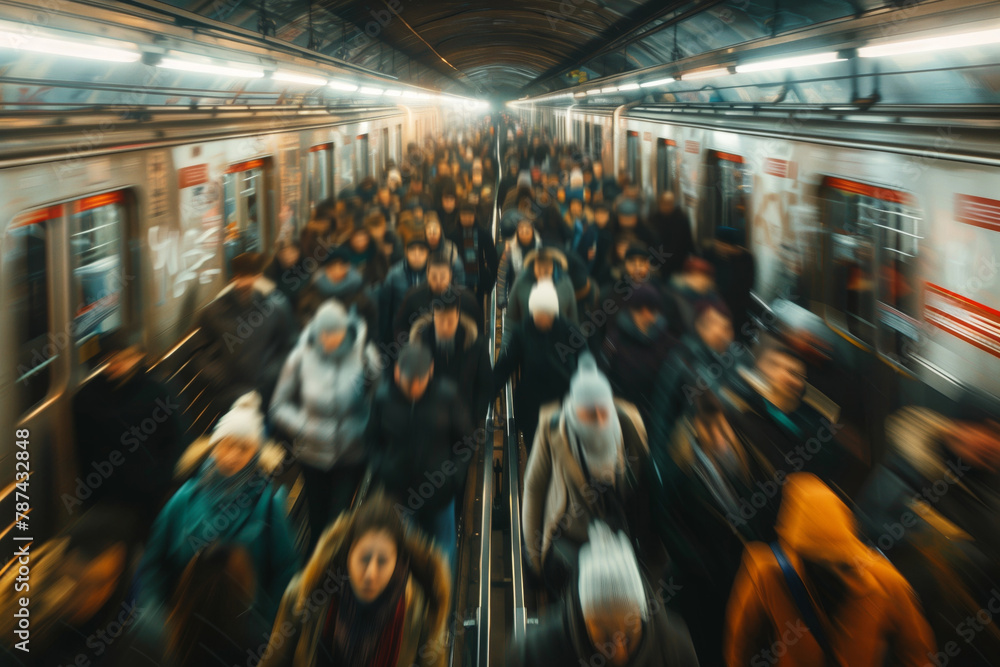 Rush hour crowd captured with a motion blur on a subway platform. AI Generated.