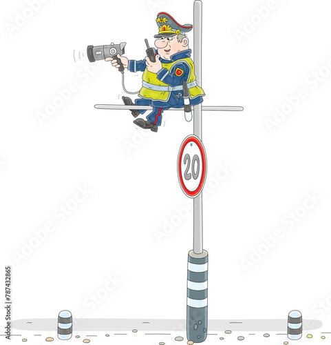 Traffic policeman with a portable speed trap and a radio transmitter sitting on a road pole and spying on moving cars on a highway, vector cartoon illustration on a white background