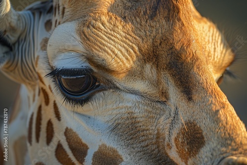 Up-close view of a giraffe's eye and skin, with intricate patterns highlighted by the soft, golden sunlight of dusk, AI generated. photo