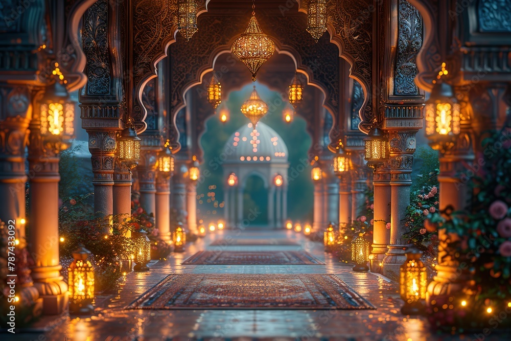 Eid Mubarak Royal Elegant Lamp with Mosque Holy Gate with fireworks copy space for text Eid Mubarak Royal Elegant Lamp with Mosque Holy Gate with fireworks copy space for text