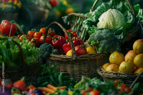 various healthy vegetables and fruits on wooden baskets  foodstuffs  supermarkets  or kitchens  cinematic background  photography 