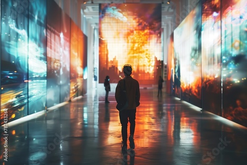 Silhouette of a man walking through an immersive augmented reality art exhibit with vivid glowing displays. AI Generated.