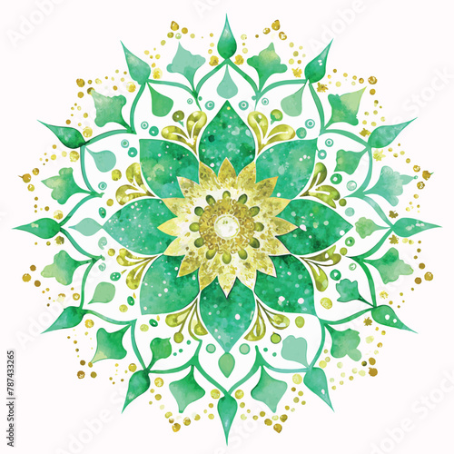 A green mandala with gold accents. The flower is surrounded by a white background. The flower is a symbol of peace and harmony
