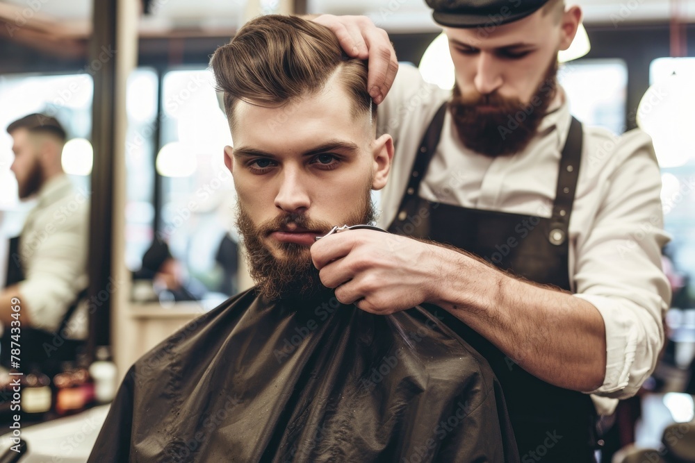 A barber in suspenders is attentively trimming the beard of a young male client in a neat and modern barbershop setting A barber in suspenders is attentively trimming the beard of a young male client in a neat and modern barbershop setting