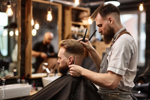 A sharp-dressed barber is giving a precise haircut to a client in a well-decorated vintage barbershop