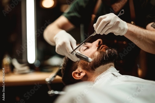 Close-up of a professional barber using electric clippers to trim a man's beard in a stylish barber shop photo