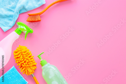 Tools and equipment for housework with cleaning products  top view