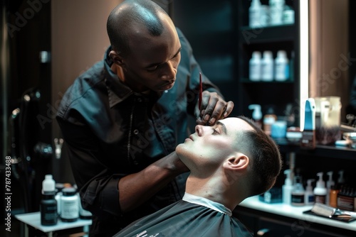 A barber in a stylish setting is using electric clippers to trim a client's hair with focused precision