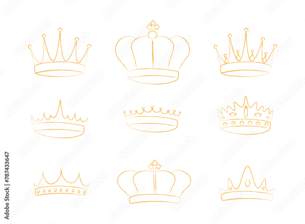Set of chalk elegant royal crown. Royal imperial coronation symbols. Isolated icons in brush stroke texture paint style Set of chalk elegant royal crown. Royal imperial coronation symbols. Isolated icons in brush stroke texture paint style