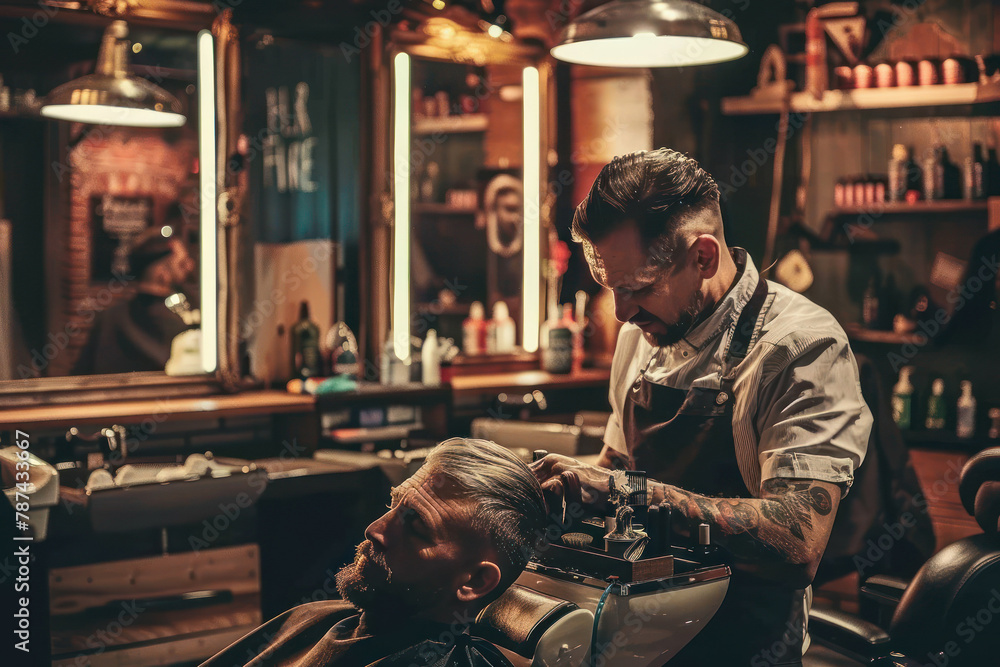 A skilled barber is absorbed in giving a precise shave to a customer in a cozy, warmly lit barbershop A skilled barber is absorbed in giving a precise shave to a customer in a cozy, warmly lit barbershop
