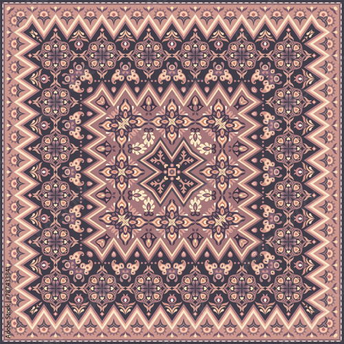 Vector abstract decorative ethnic ornamental illustration. Monochrome square carpet