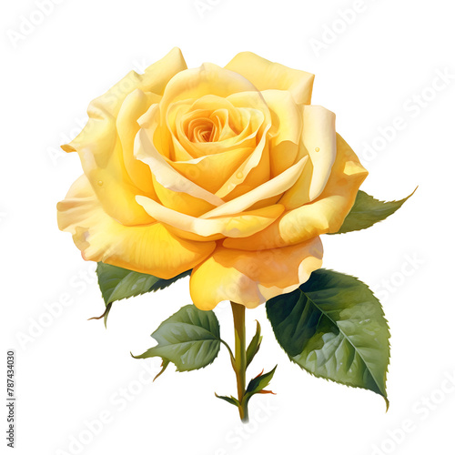 Realistic botanical illustration of a yellow rose flower isolated on transparent background, cut out, png