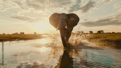 Majestic Encounter: Elephant in Golden Sunset. Generative AI