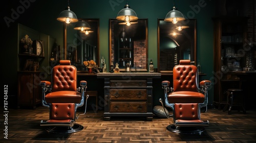 Barber shop interior with armchairs and hairdresser tools