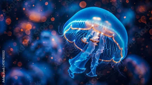 Bioluminescent jellyfish floating in the deep blue ocean abyss photo