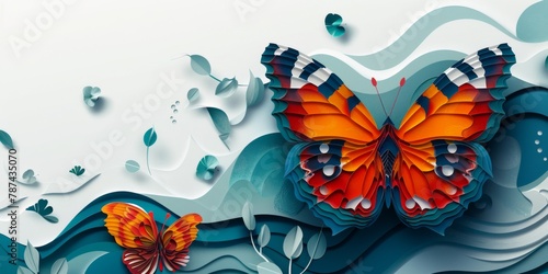 Decorative bright paper butterfly. Top view. Cut paper technique. Generative AI