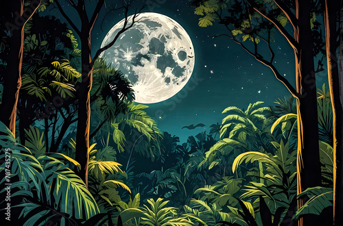 Jungle tree canopy illuminated by a full moon vector art illustration image.