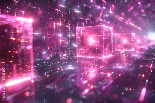 Abstract neon background of glowing cubes with light effects