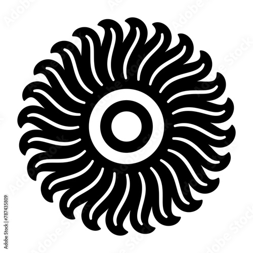 Floral motif and sun symbol. Solar sign, a circle surrounded by twenty-four flames or rays of light. Or also a blossom with petals.Black and white illustration, isolated, on white background. Vector.
