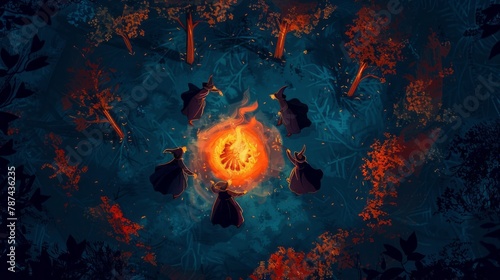 witches dance around a fire in the night forest.