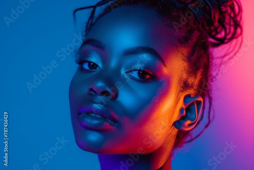 Close-up portrait of a beautiful young girl in neon color, shooting for a fashion magazine