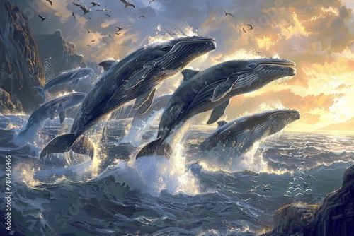 A flock of frolicking whales jumps out of the water photo