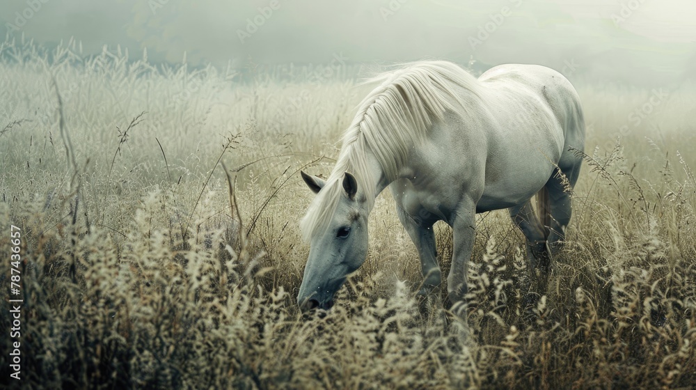 Fototapeta premium White horse feeding on grass in the field