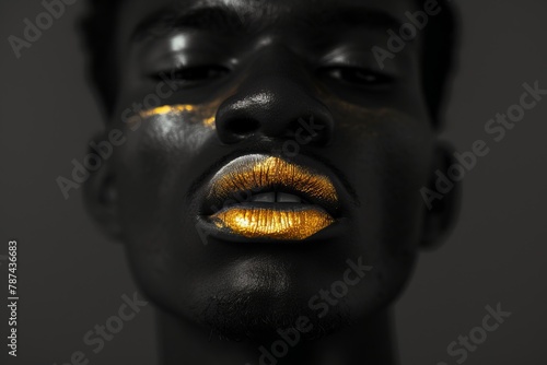 Black and white closeup shot of an African American man face with metallic gold lips  showcasing the intricate details of his eye  eyelash  iris  and jaw  shooting a portrait for a fashion magazine