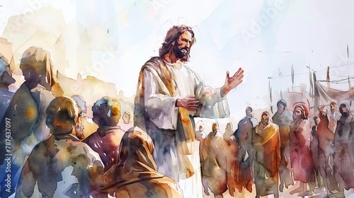 watercolor painting of jesus christ ministering to people religious art illustration © Bijac