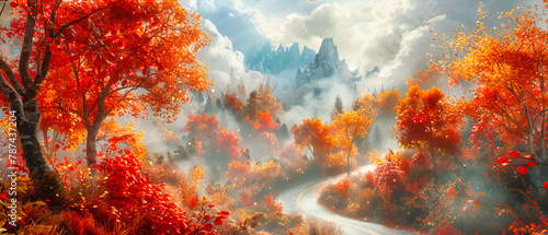 Misty Autumn Morning in a Lush Forest, Sunlight Peeking Through Colorful Foliage, Tranquil and Scenic Landscape