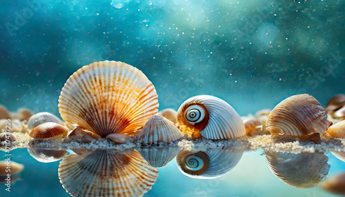 Close-up of beautiful sea shells. Blurred blue background. Summer vacation and travel