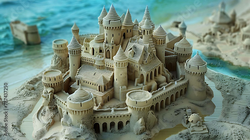 Amazing sandcastle on the beach with the sea in the background. The sandcastle has many towers and turrets and is very detailed.