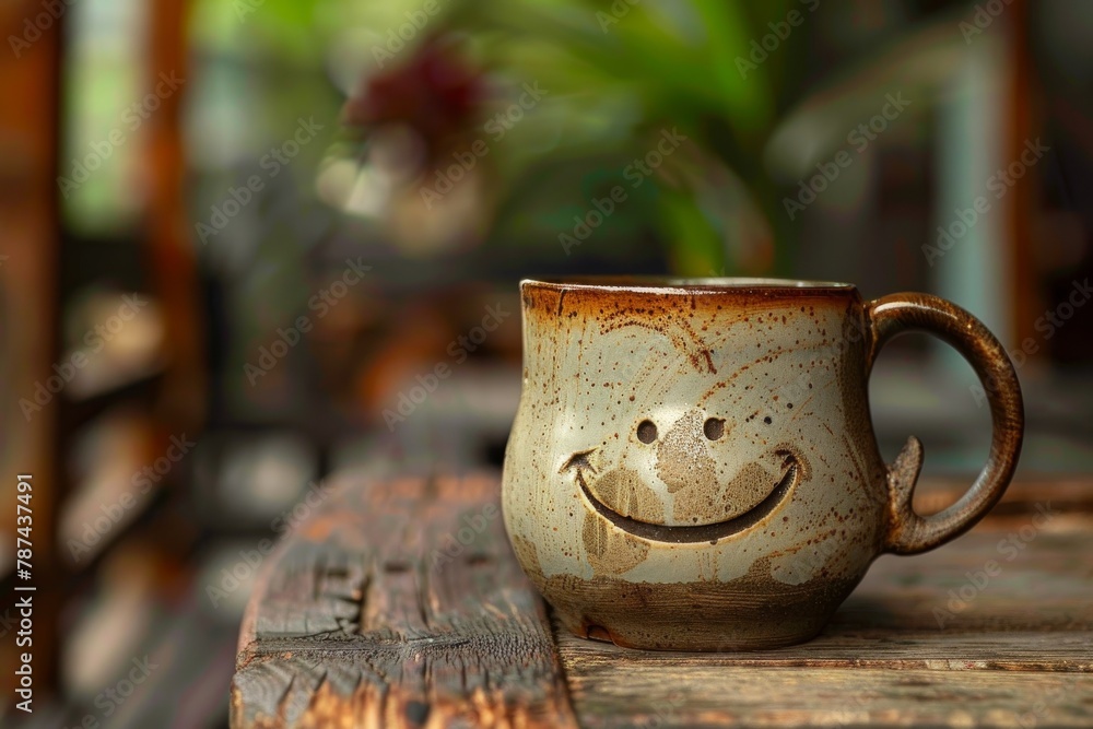 The warm light captures a delightful smiling mug on a wooden surface, embodying coziness and contentment The warm light captures a delightful smiling mug on a wooden surface, embodying coziness and contentment