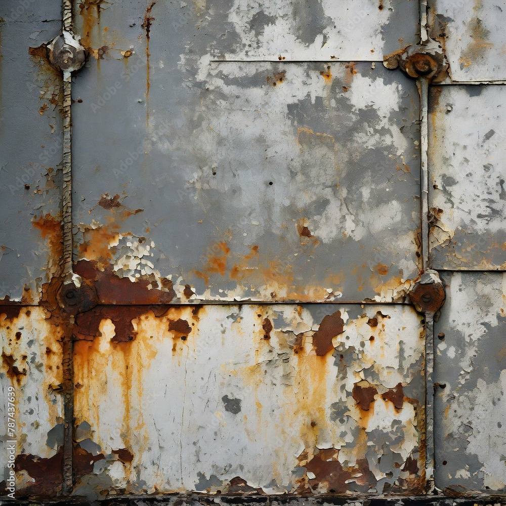 A grungy industrial backdrop featuring peeling paint and rusted metal surfaces, conveying a sense of vintage industrial aesthetic.