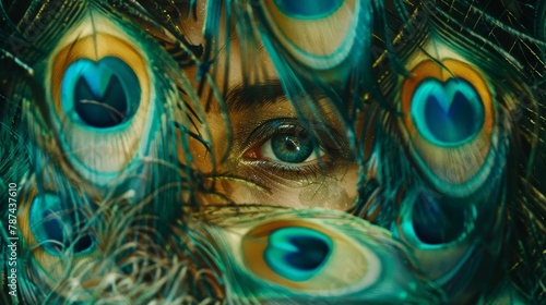 An intimate close-up shot focusing on the eye among the detailed peacock feathers' pattern and colors photo