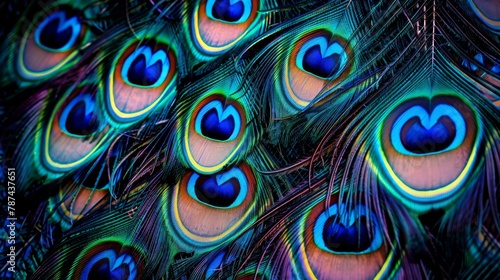 A mesmerizing close-up showing heart-shaped patterns within the peacock feathers' eye spots, highlighting their beauty photo