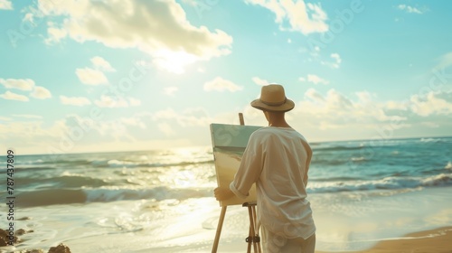 An artist in a white hat stands by the easel, deeply absorbed in painting the ocean landscape, with sunlight shining behind him